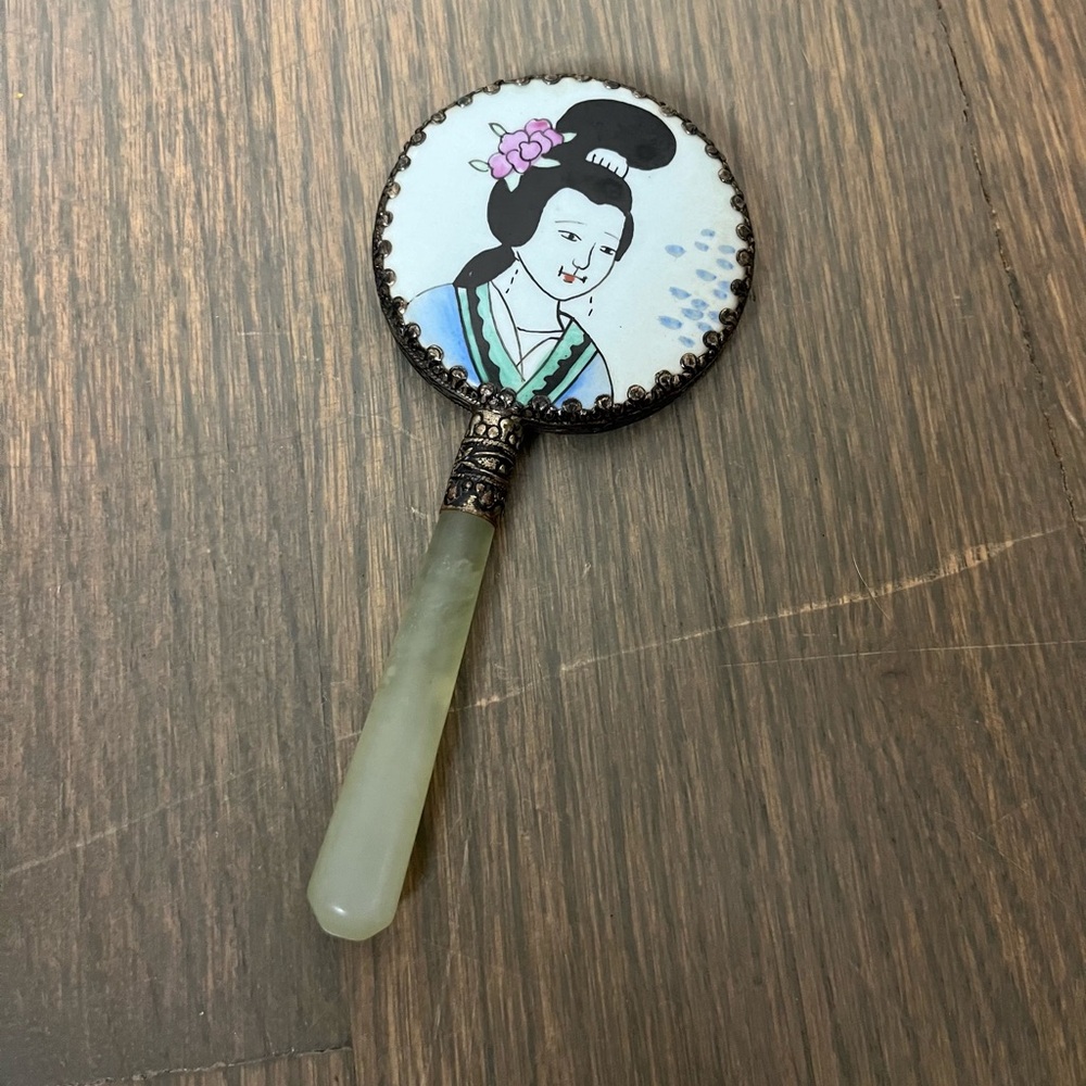 Vintage oriental hand mirror w/jade handle